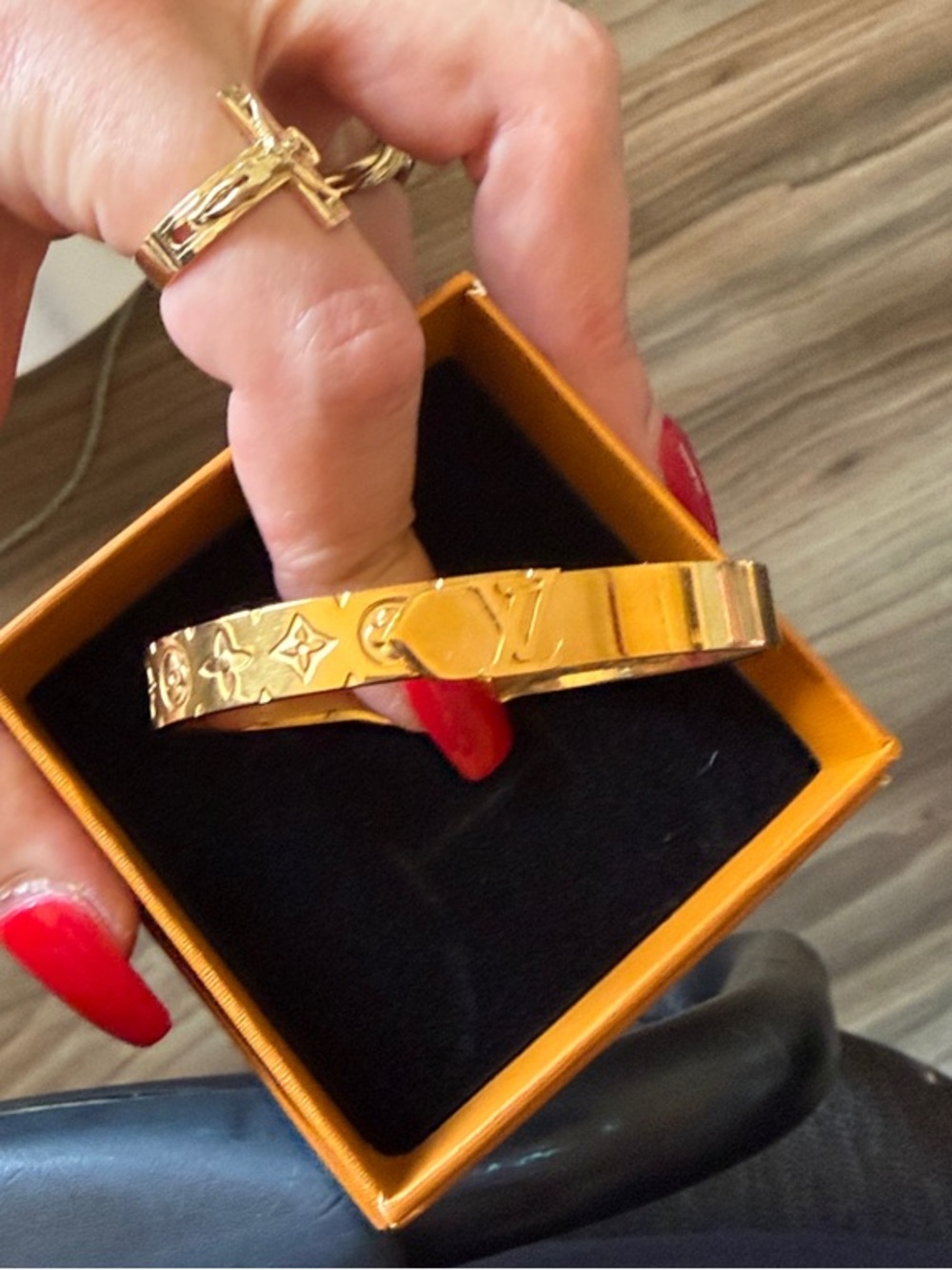 Louis Vuitton Gold Monogram Engraved Bangle Bracelet